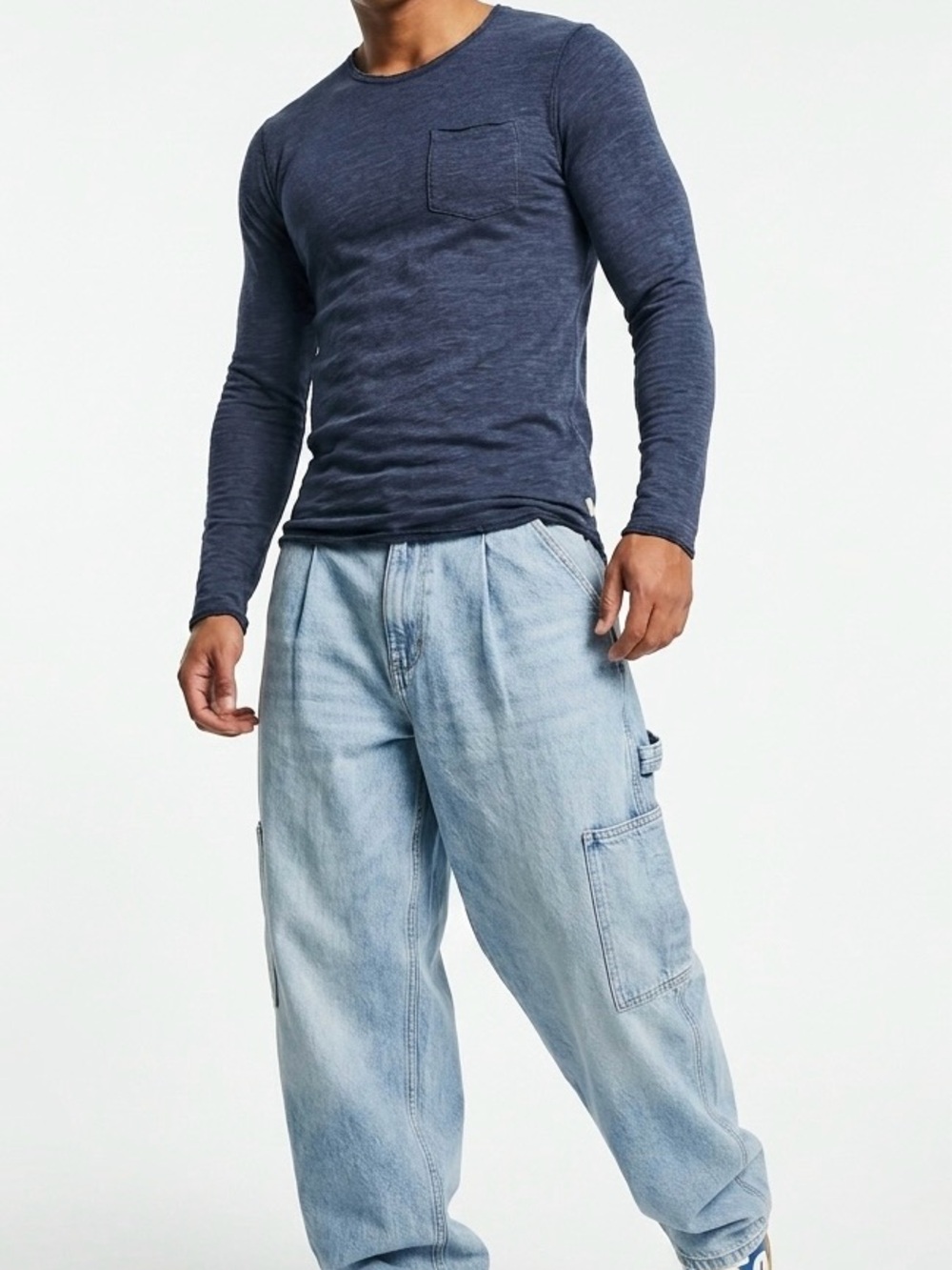 Hollister Men M Blue Long Sleeve Pocket Tee Distressed Skater Grunge Y2K